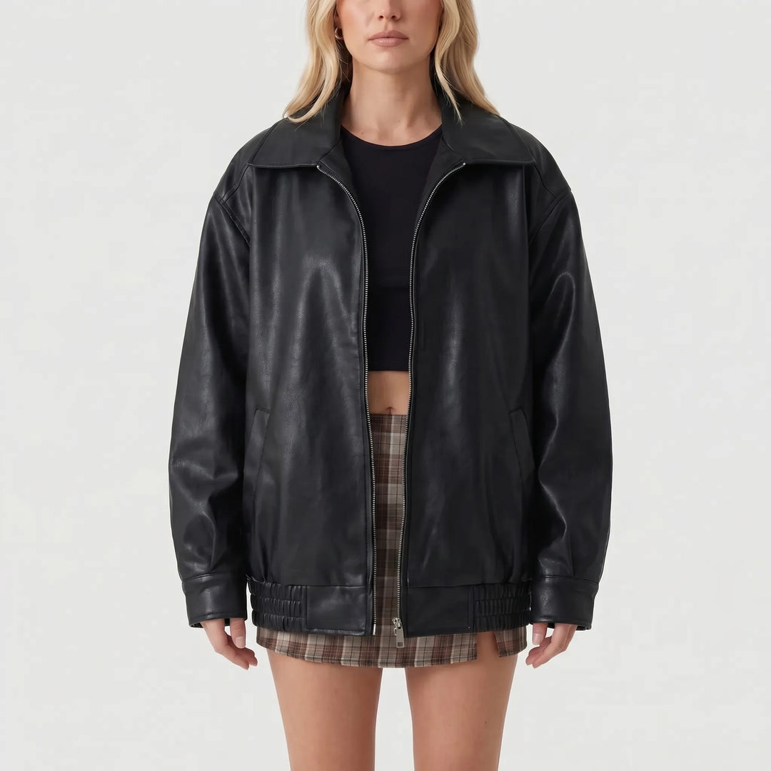 Women's Leather Bomber Jacket - Oversized with Zip Up