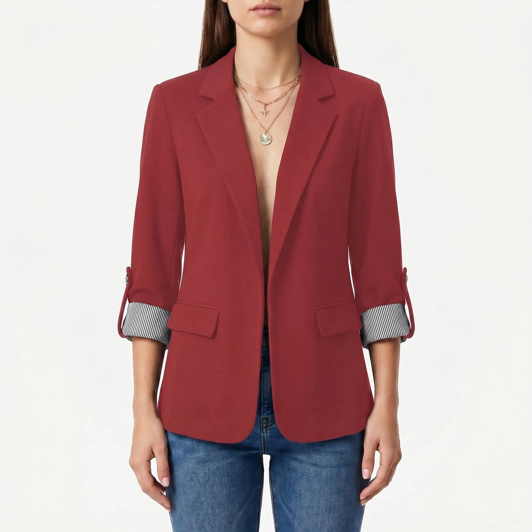 Women's Open Front Blazer - Casual Work Jacket with Roll Sleeves