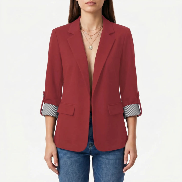 Women's Open Front Blazer - Casual Work Jacket with Roll Sleeves