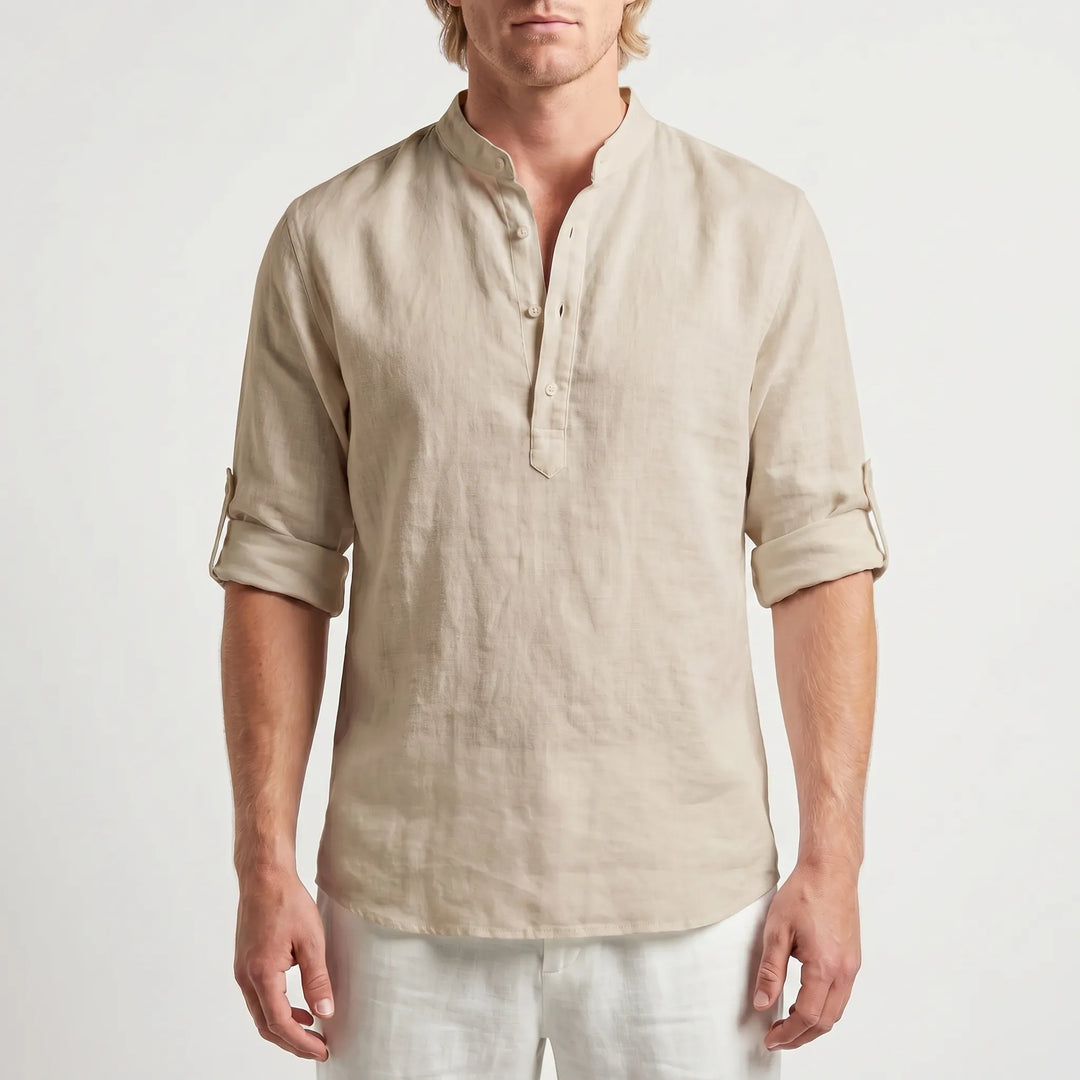 Men's Linen Henley Shirt - Casual Summer Beach Long Sleeve
