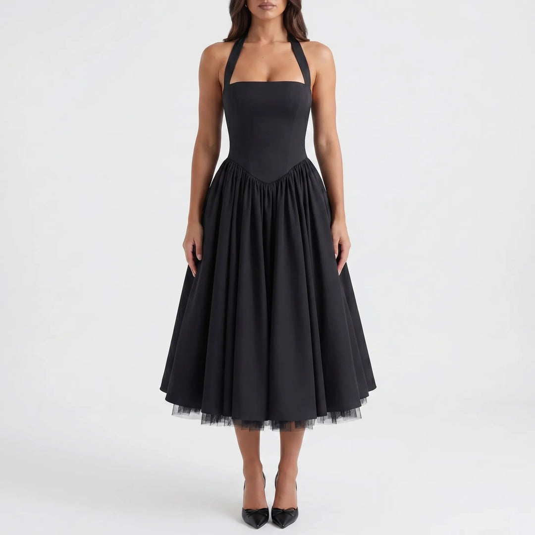 Women's Halter Midi Dress - Fit and Flare for Wedding Guest