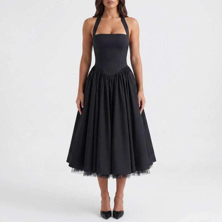 Women's Halter Midi Dress - Fit and Flare for Wedding Guest