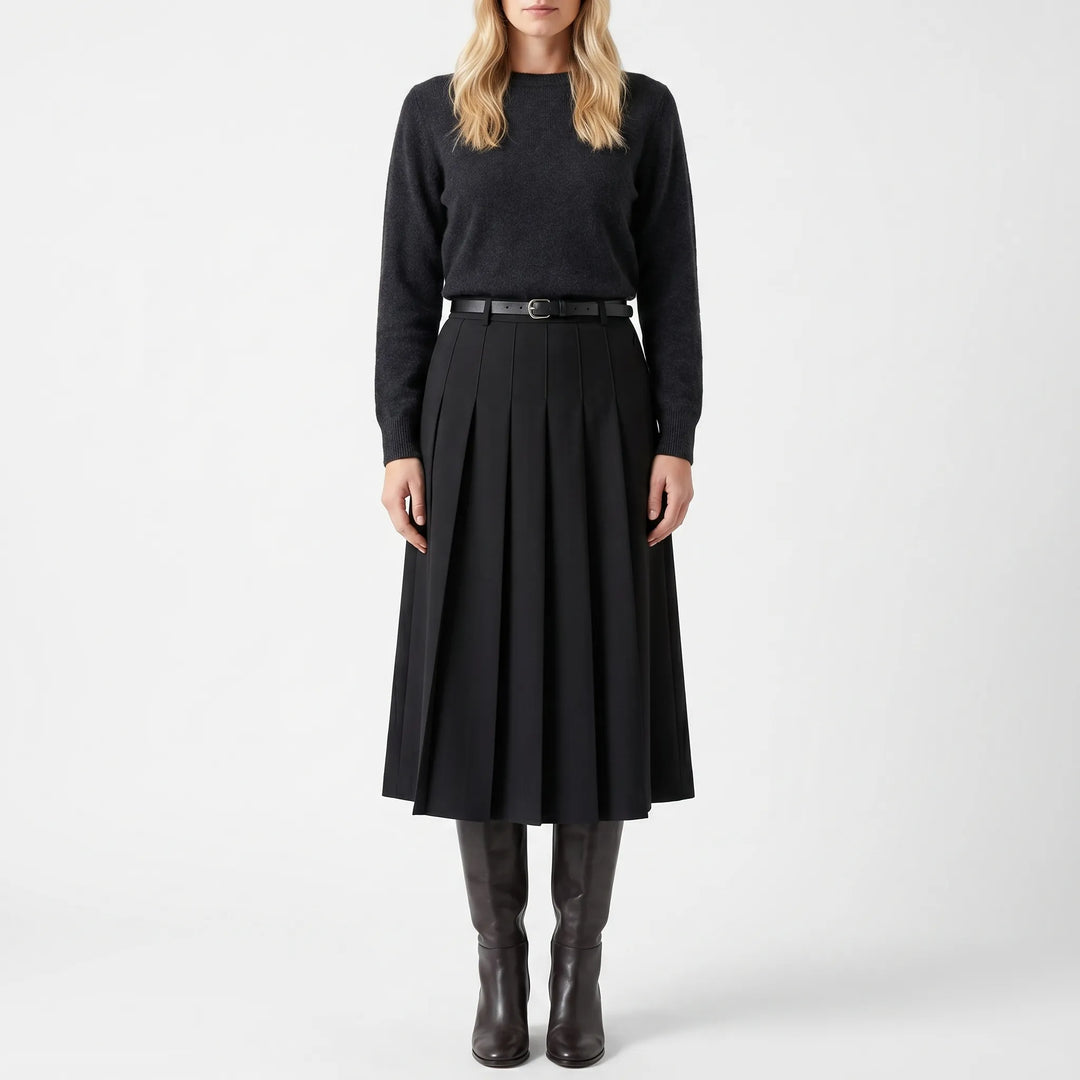 Women's Pleated Midi Skirt - High Waist with Belt for Work