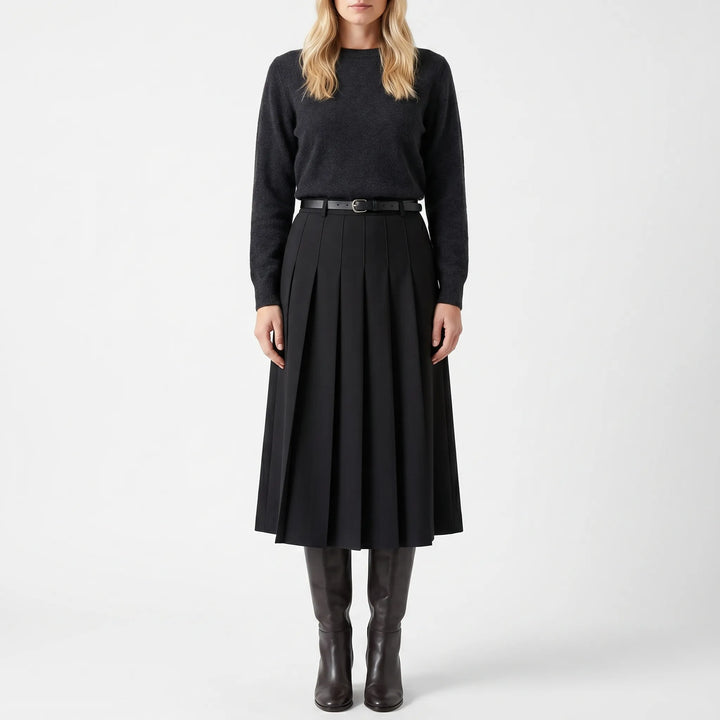Women's Pleated Midi Skirt - High Waist with Belt for Work