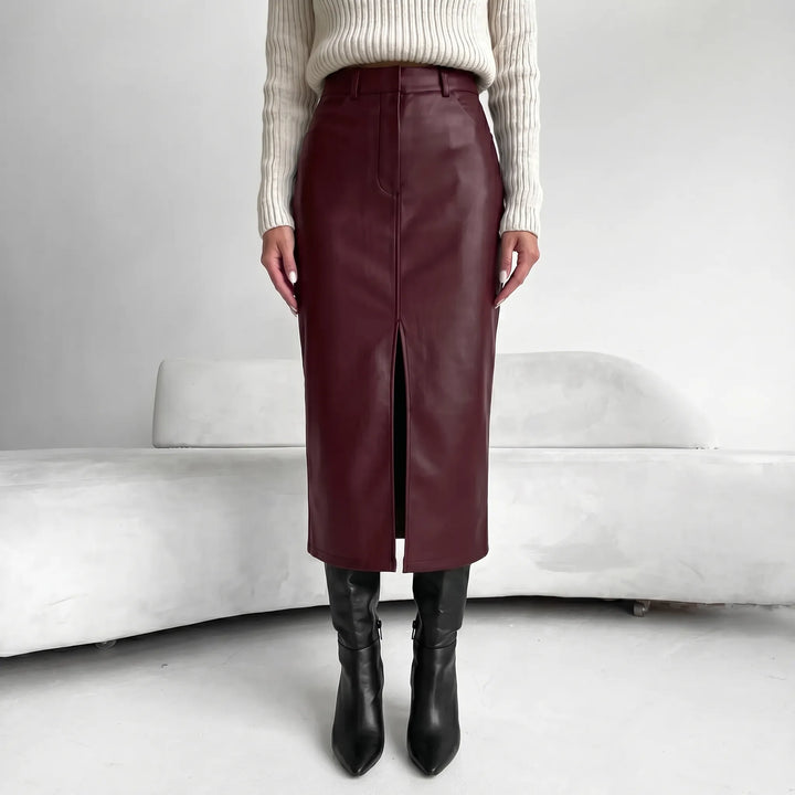 Women's Pencil Midi Skirt - High Waist with Slit for Work
