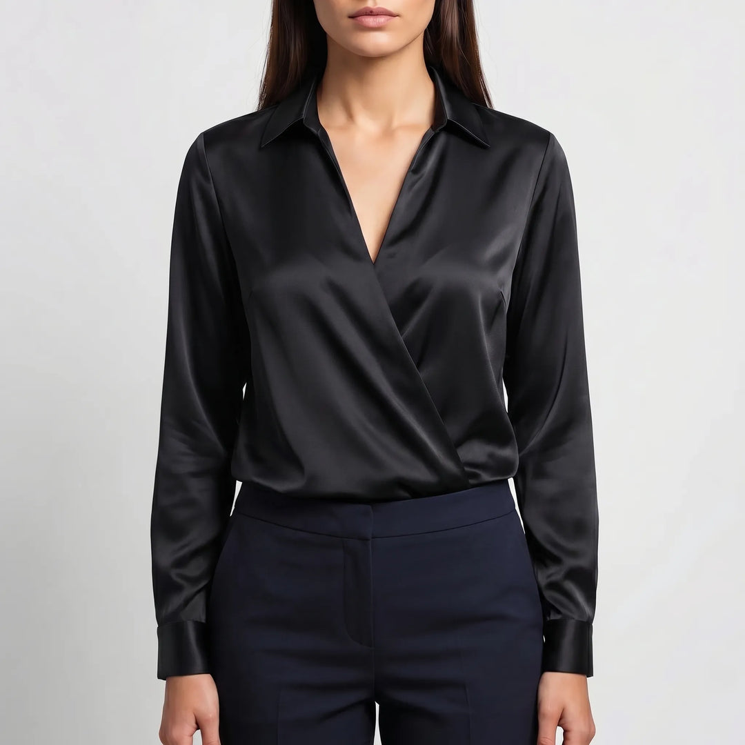 Women's Satin V Neck Blouse - Collared with Long Sleeve for Work
