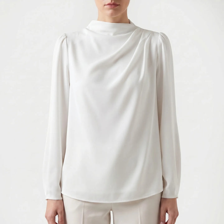 Women's Satin Draped Blouse - Elegant Long Sleeve Work Top