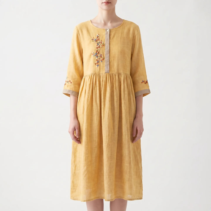 Women's Embroidered Boho Midi Dress - Casual Summer Sundress