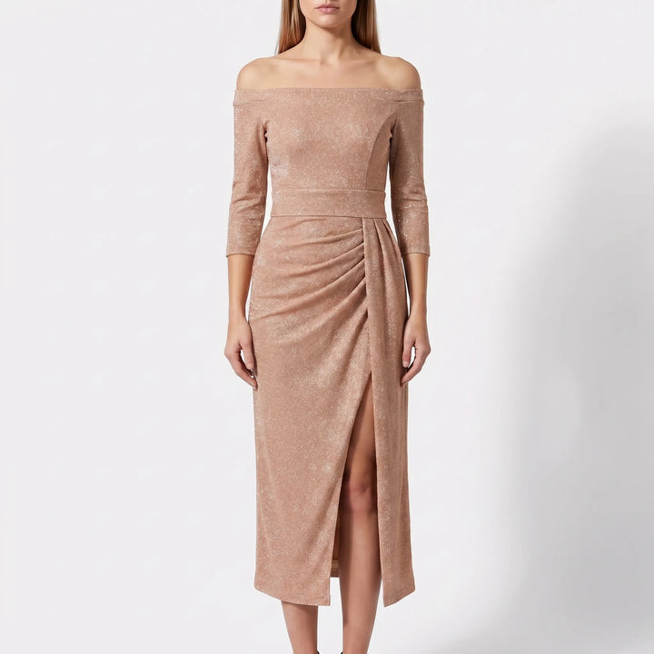 Women's Off Shoulder Midi Dress - Shimmer Bodycon for Evening