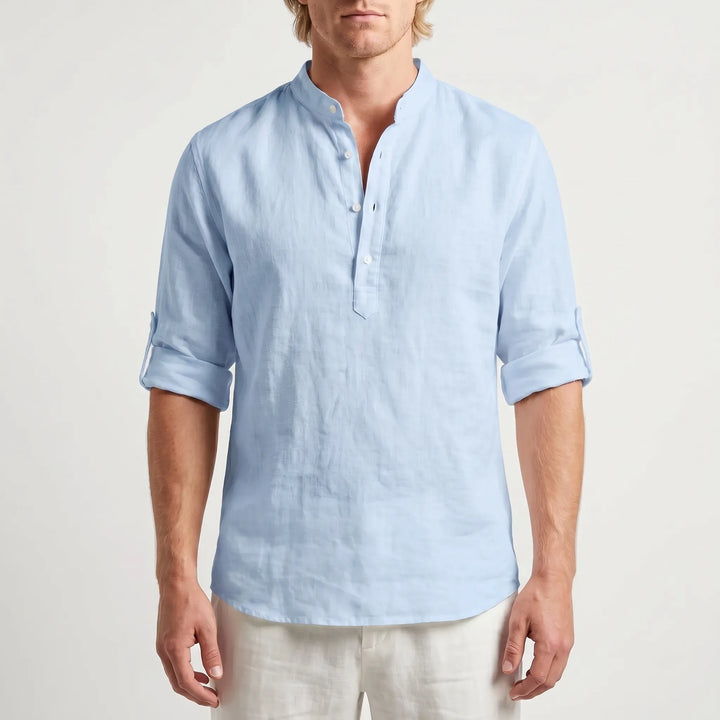 Men's Linen Henley Shirt - Casual Summer Beach Long Sleeve