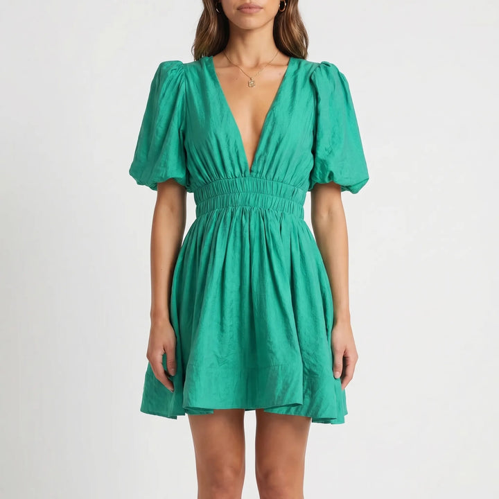 Women's Puff Sleeve Mini Dress - V Neck with Shirred Waist