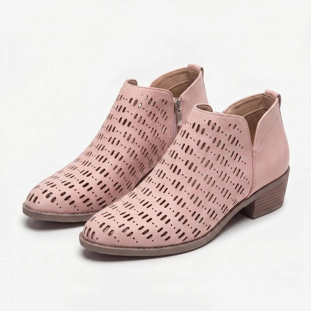 Women's Cutout Ankle Boots - Low Heel with Side Zip for Summer