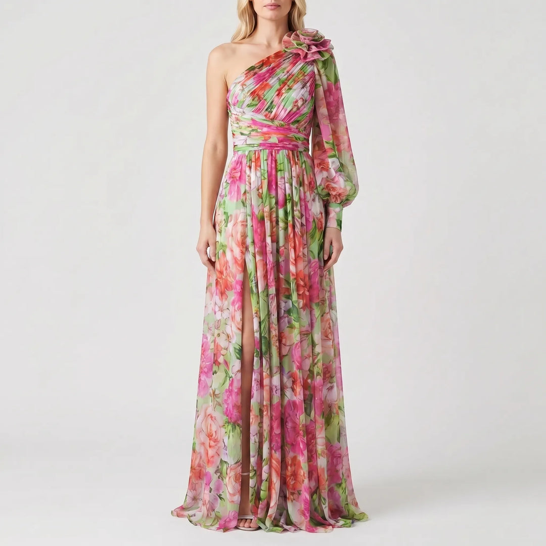 Women's One Shoulder Maxi Dress - Floral with High Slit