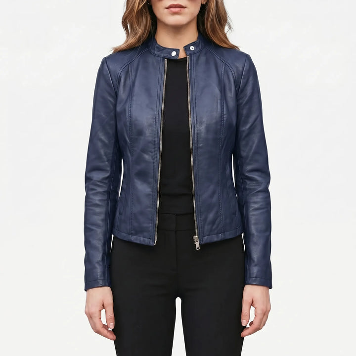 Women's Slim Fit Biker Jacket - Zip Up with Stand Collar