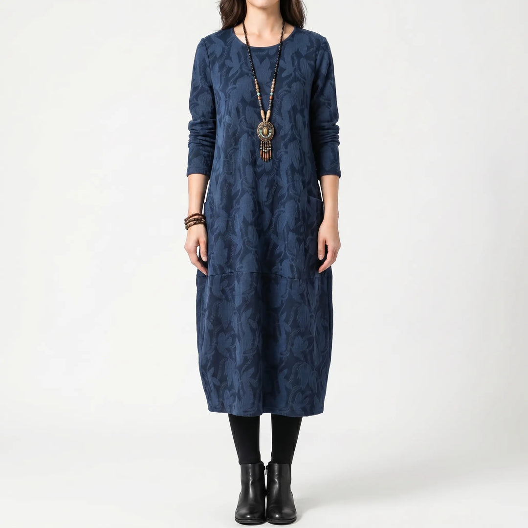 Women's Printed Midi Dress - Relaxed Fit with Long Sleeve