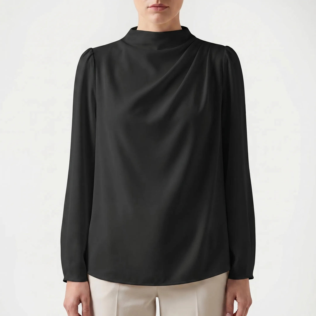 Women's Satin Draped Blouse - Elegant Long Sleeve Work Top