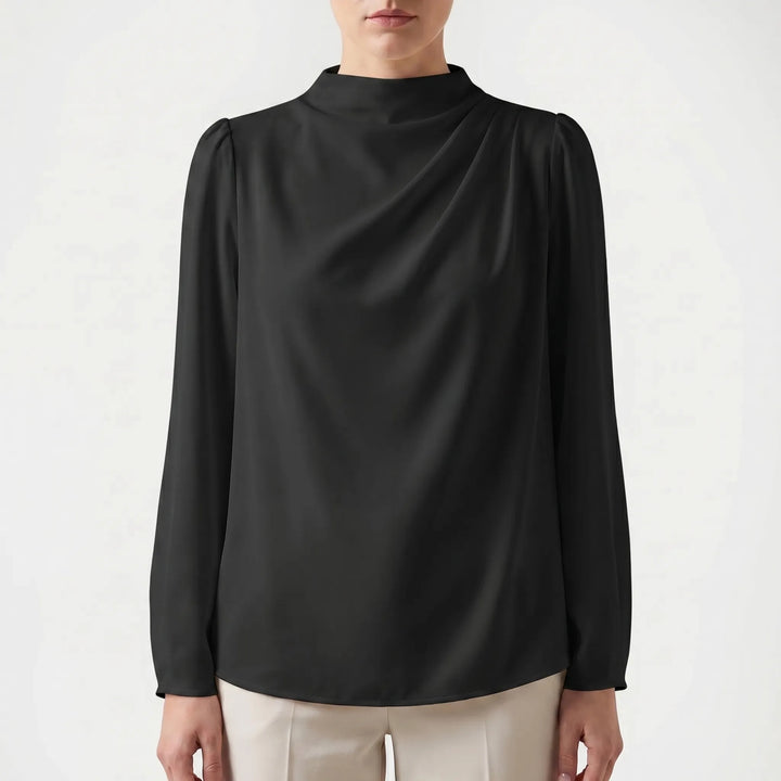 Women's Satin Draped Blouse - Elegant Long Sleeve Work Top