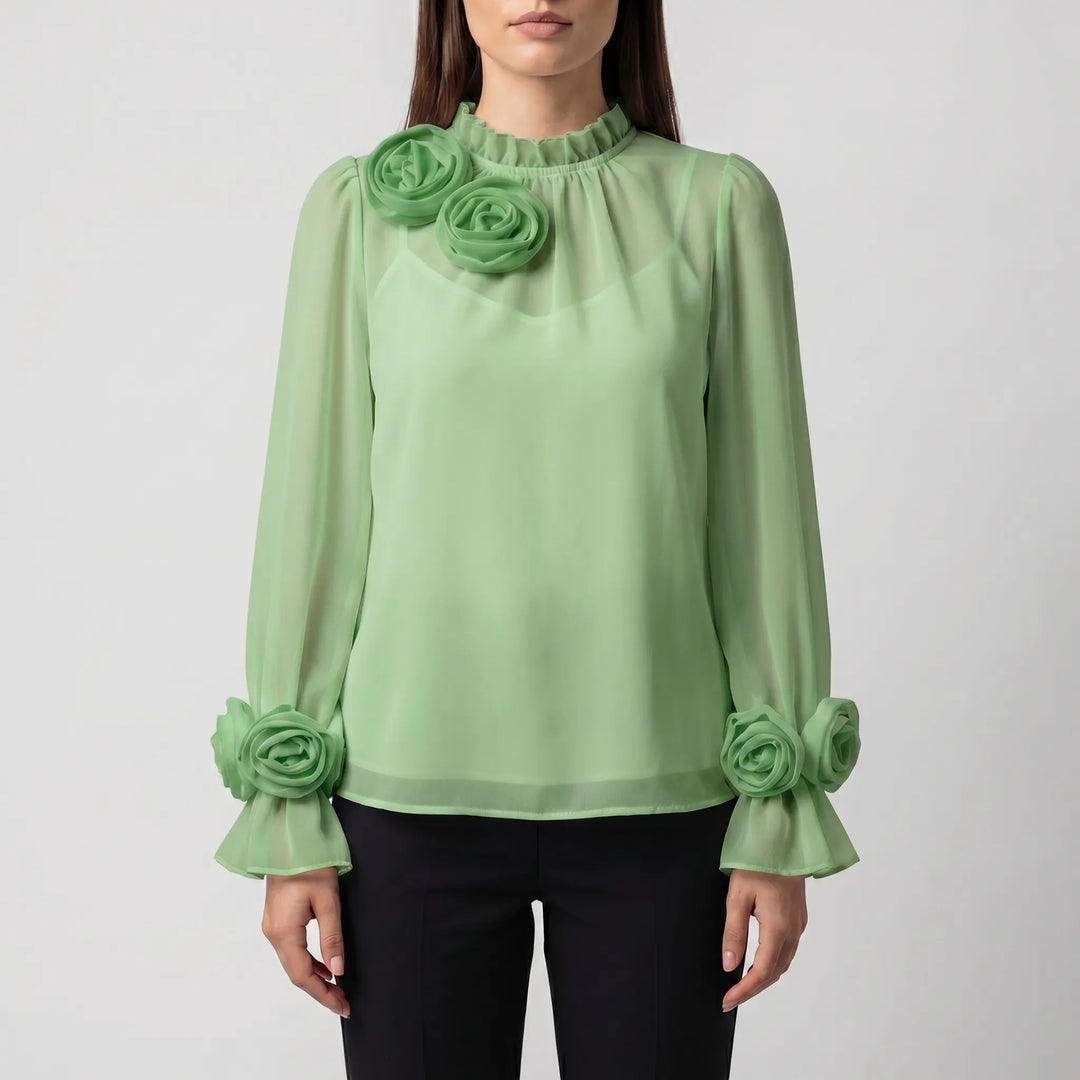 Women's 3D Rose Blouse - Sheer Long Sleeve with High Neck