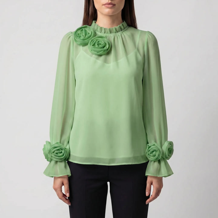 Women's 3D Rose Blouse - Sheer Long Sleeve with High Neck