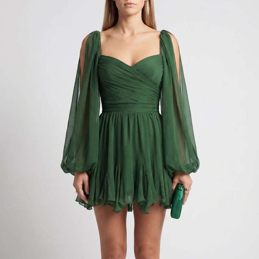 Women's V Neck Mini Dress - Long Sleeve with Ruffle Hem