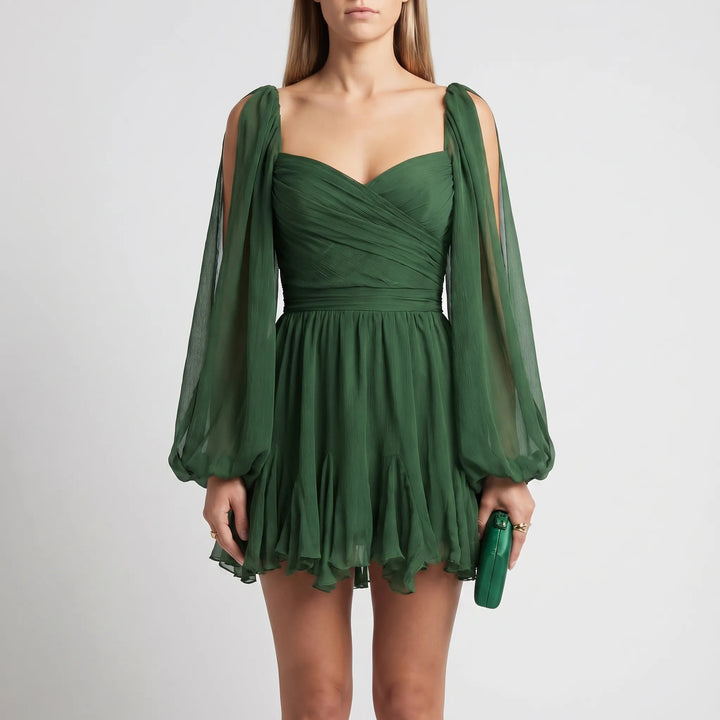 Women's V Neck Mini Dress - Long Sleeve with Ruffle Hem