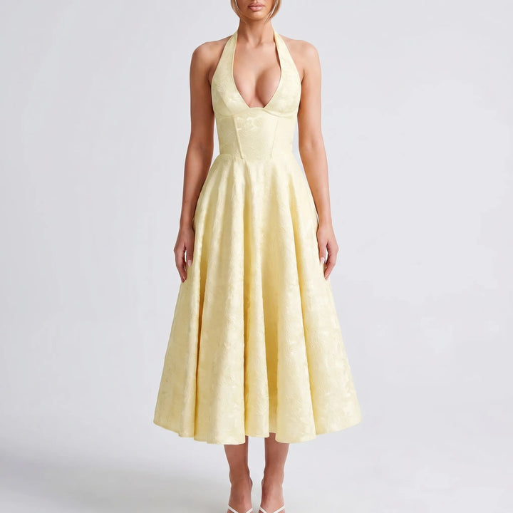 Women's Halter Midi Dress - V Neck with Flared Skirt