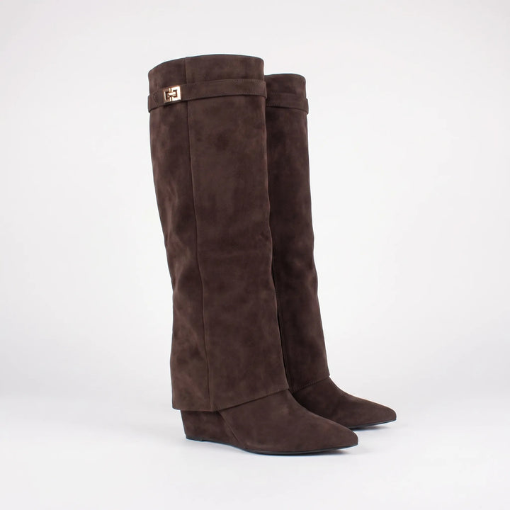 Women's Knee High Boots - Fold Over Cuff with Pointed Toe