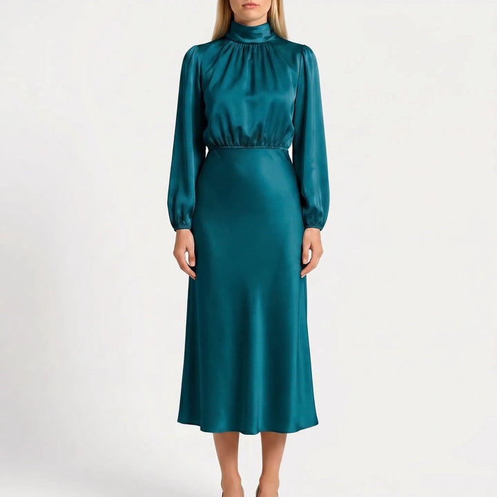 Women's Long Sleeve High Neck Midi Dress - Elegant Evening