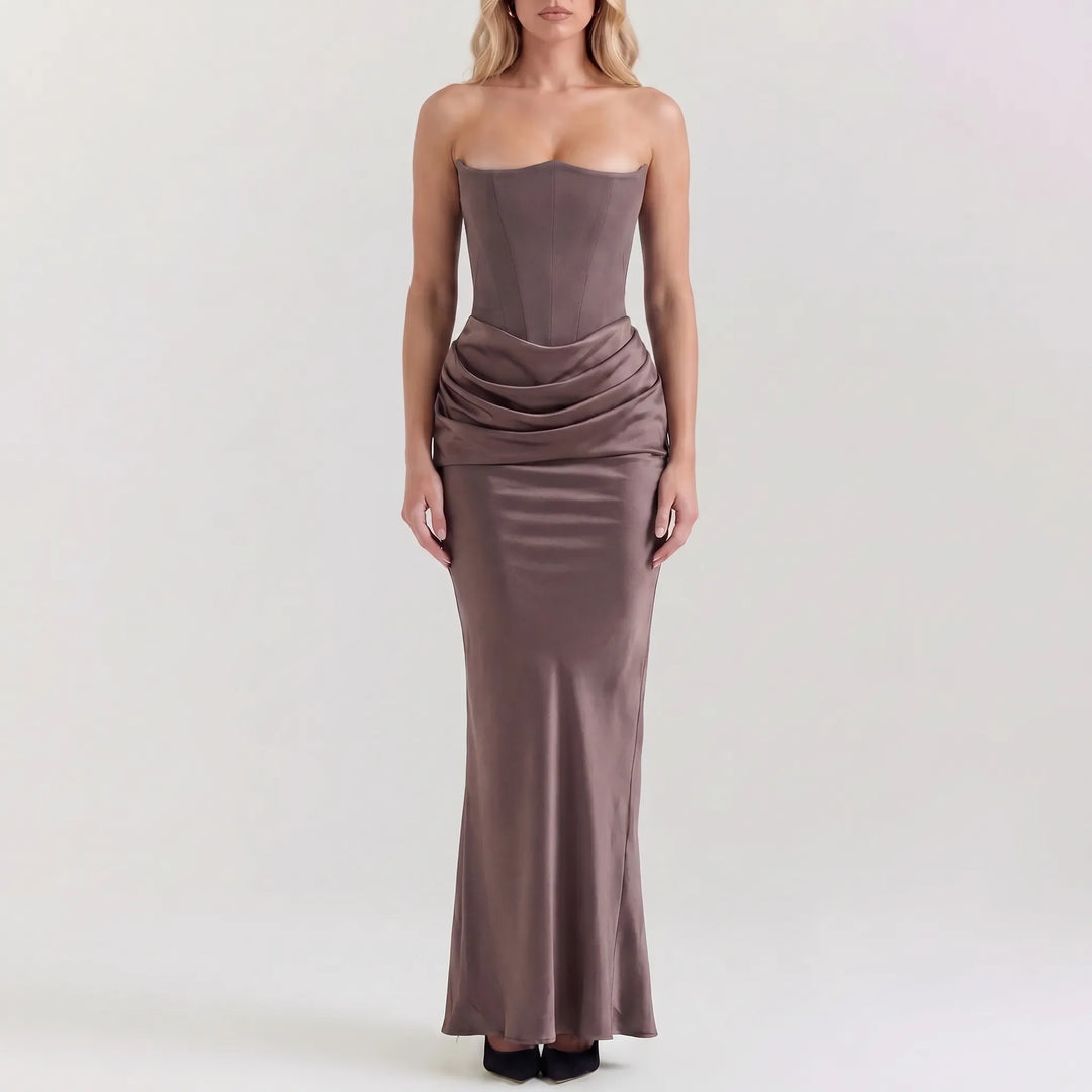 Women's Strapless Maxi Dress - Elegant Draped for Evening