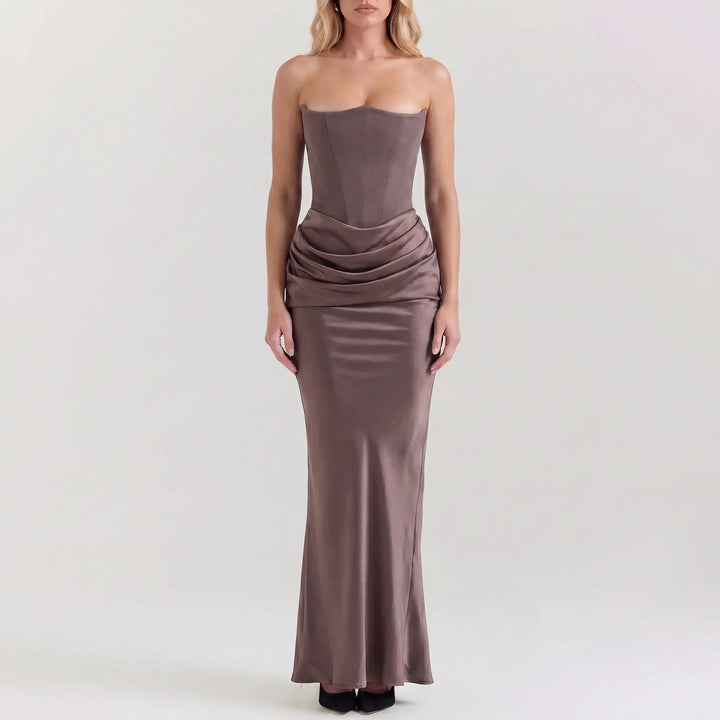 Women's Strapless Maxi Dress - Elegant Draped for Evening