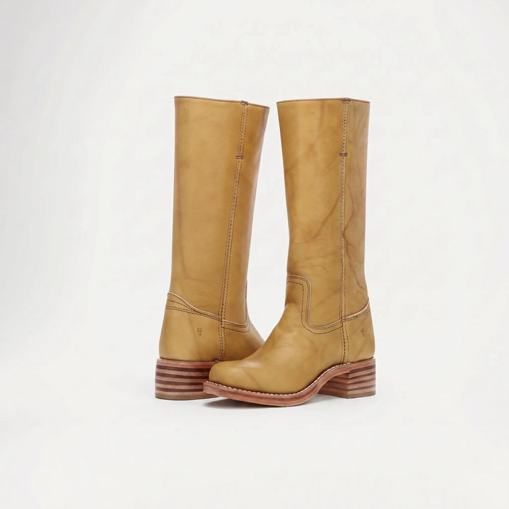 Women's Leather Knee High Boots - Stacked Heel with Square Toe