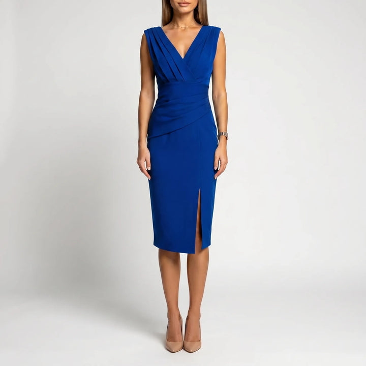 Women's V Neck Midi Dress - Formal Cocktail Party with Slit