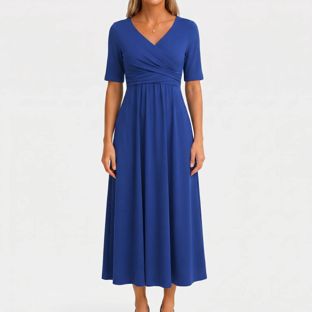 Women's V Neck Midi Dress - Wrap Bodice with Short Sleeve