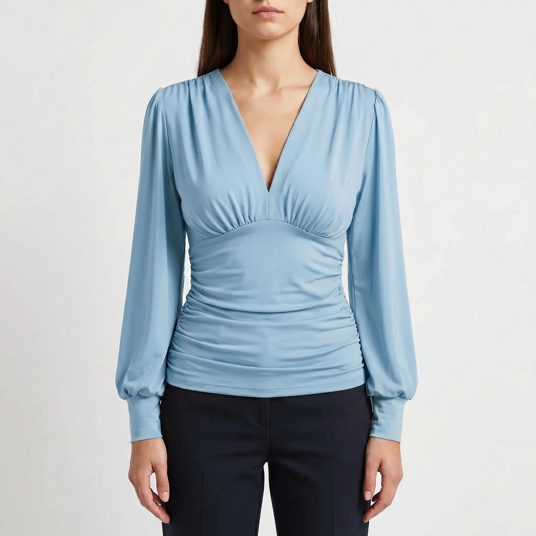 Women's Wrap V Neck Blouse - Dressy Ruched Waist Long Sleeve Top