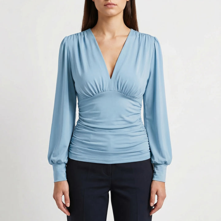 Women's Wrap V Neck Blouse - Dressy Ruched Waist Long Sleeve Top