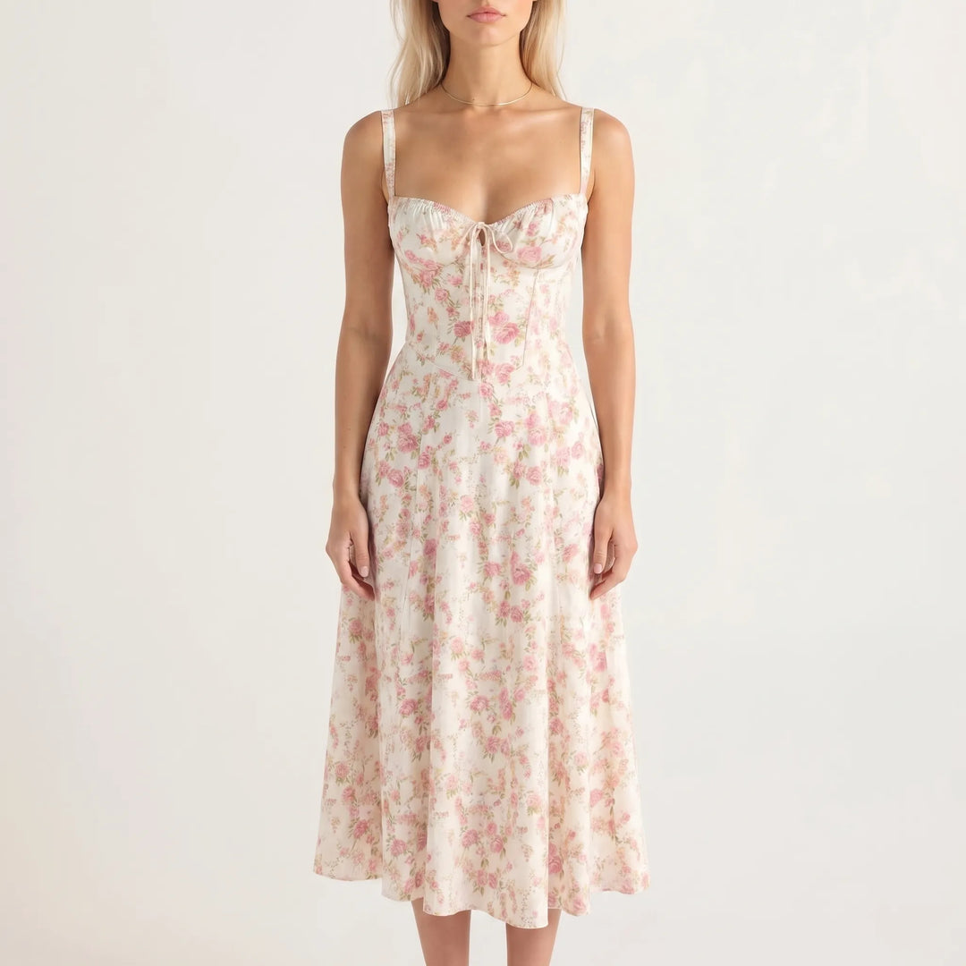 Women's Floral Midi Dress - Corset Bodice with Side Slit