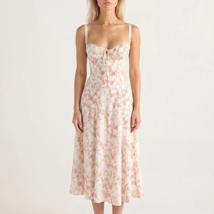 Women's Floral Midi Dress - Corset Bodice with Side Slit