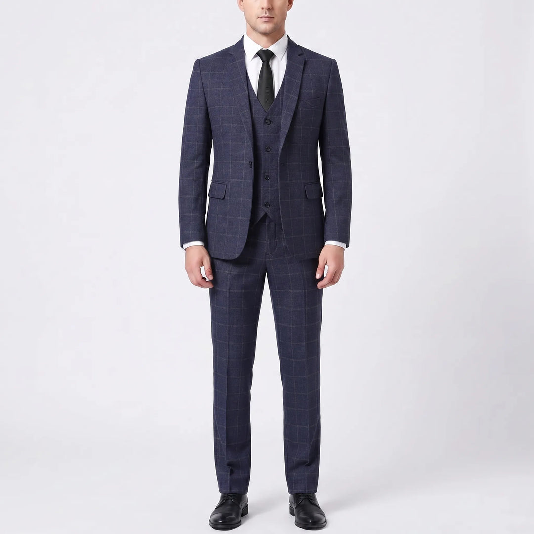 Men's Windowpane 3 Piece Plaid Suit - Blazer Vest and Pants for Work