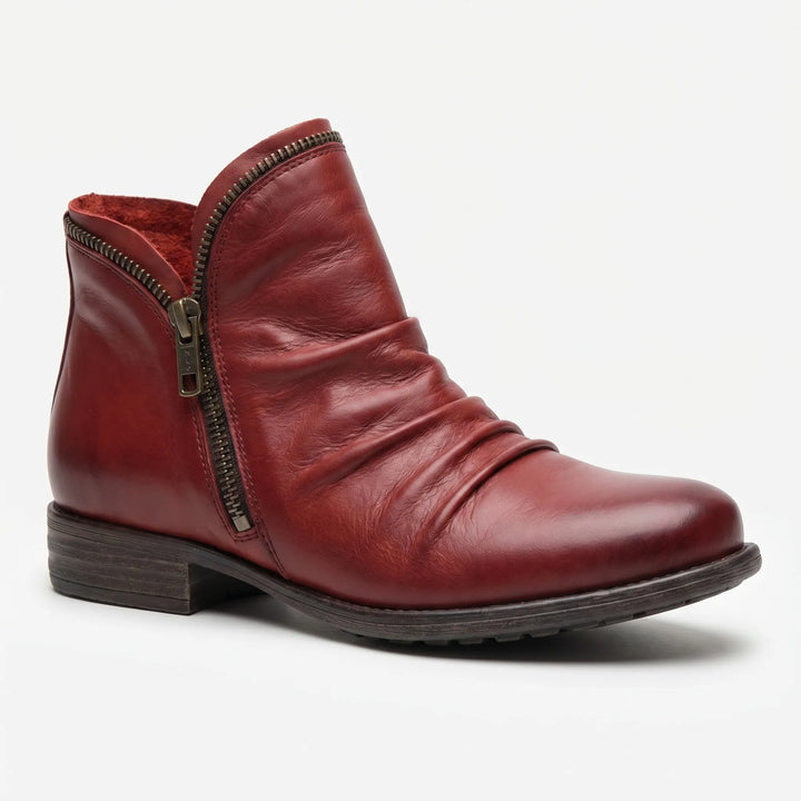 Women's Leather Ankle Boots - Zip Up with Ruched Detail