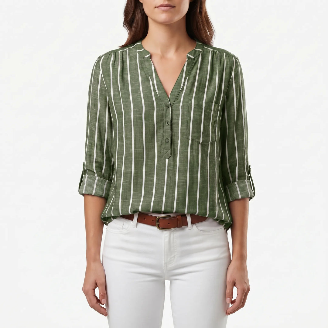 Women's Striped V Neck Blouse - Casual Summer Button Front