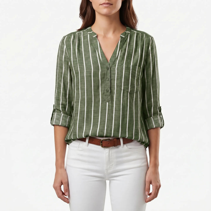 Women's Striped V Neck Blouse - Casual Summer Button Front