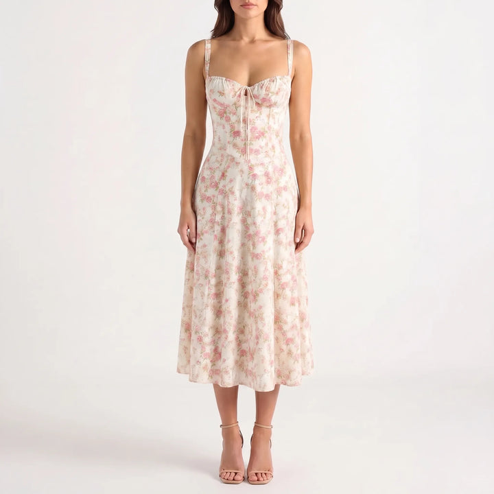Women's Floral Corset Midi Dress - Summer Sundress with Slit