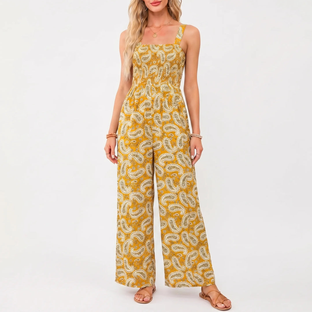 Women's Floral Wide Leg Jumpsuit - Smocked Bodice with Pockets