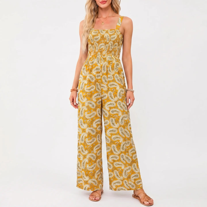 Women's Floral Wide Leg Jumpsuit - Smocked Bodice with Pockets