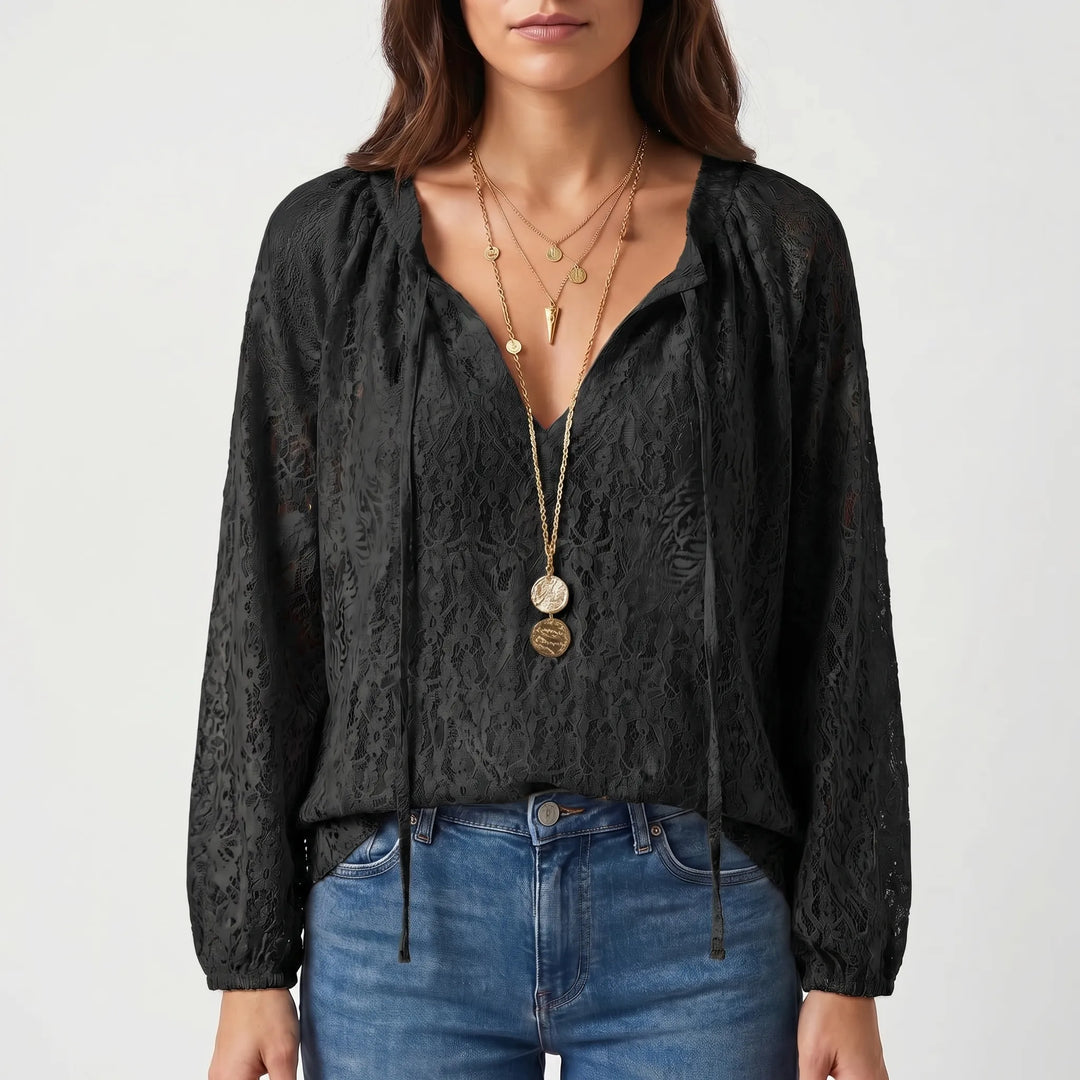 Women's Boho Lace Blouse - Casual Sheer V Neck Long Sleeve Summer Top