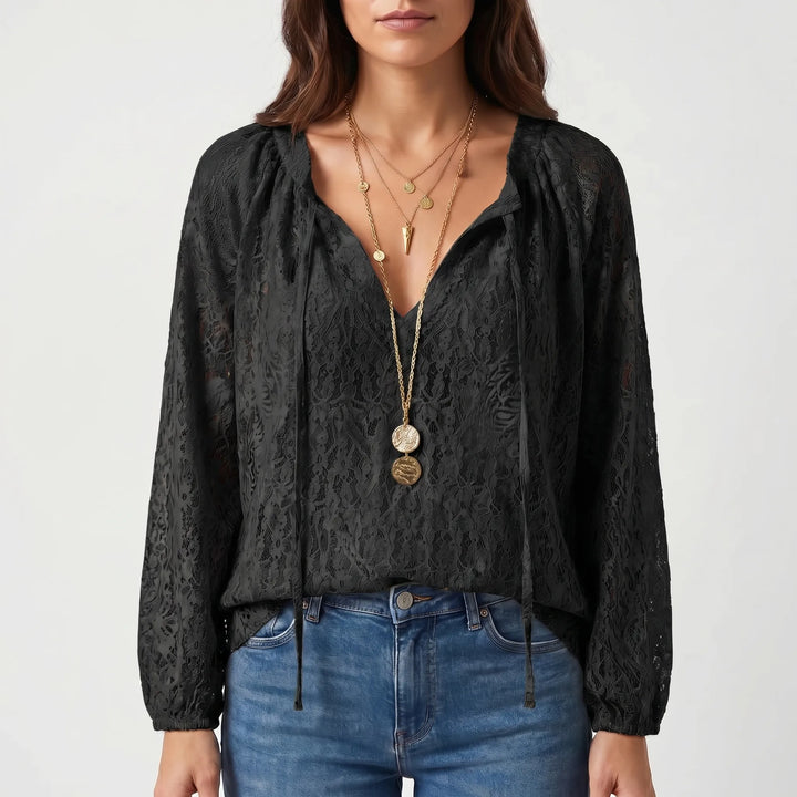 Women's Boho Lace Blouse - Casual Sheer V Neck Long Sleeve Summer Top