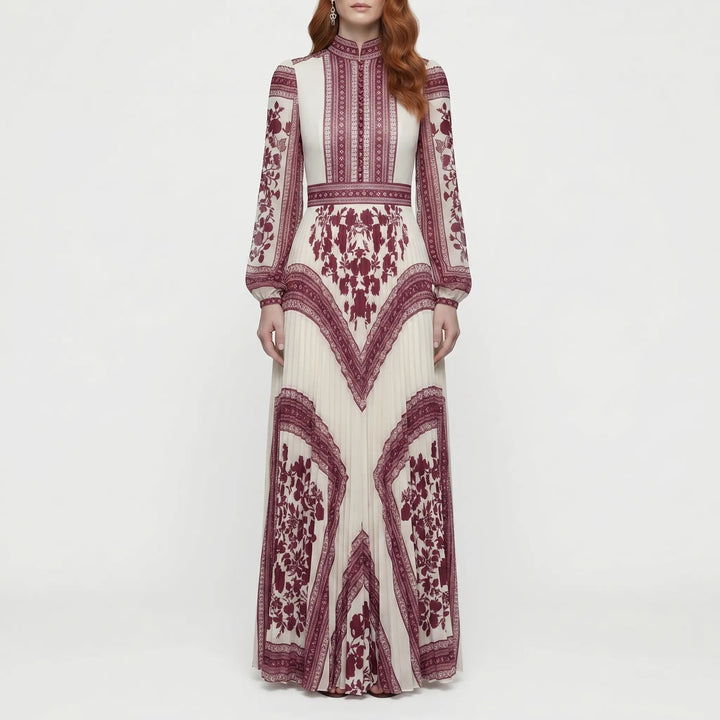 Women's Long Sleeve Pleated Maxi Dress - Formal Evening Gown