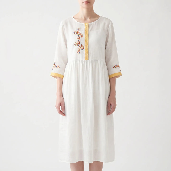 Women's Embroidered Boho Midi Dress - Casual Summer Sundress