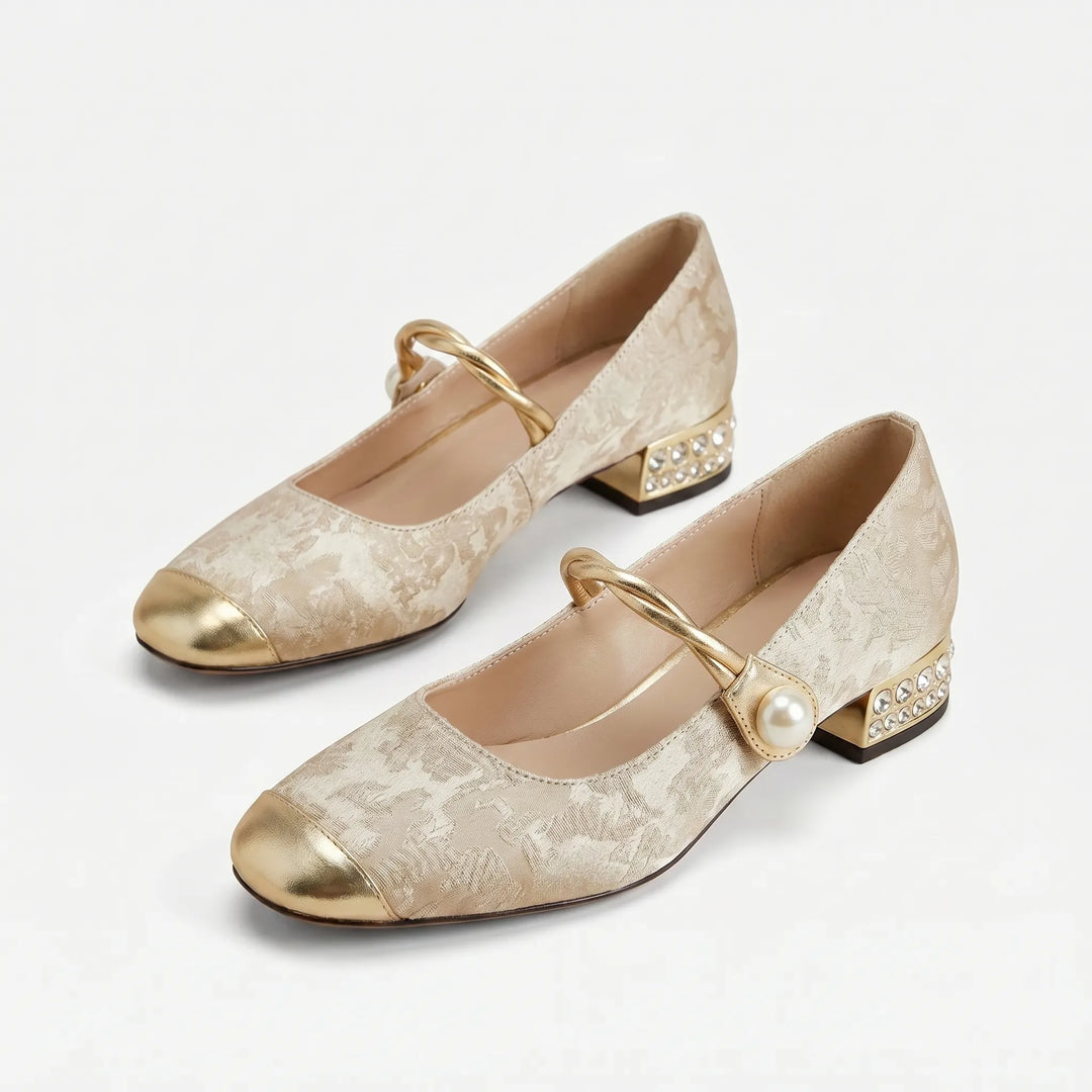 Women's Elegant Pearl Strap Block Heels - Cap Toe for Occasion
