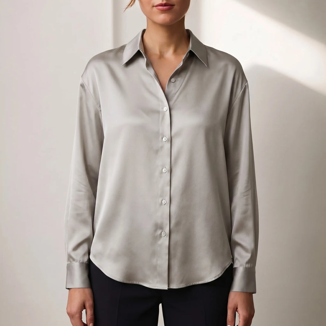 Women's Satin Button Down Blouse - Elegant Long Sleeve Work Shirt